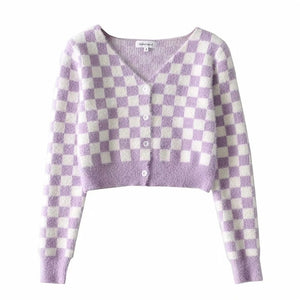 Harajuku Kawaii Fashion Pastel Checkered Cropped Cardigan