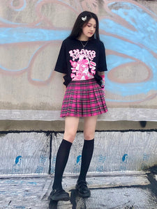 Harajuku Kawaii Fashion Style Hot Pink Plaid Pleated Mini Skirt