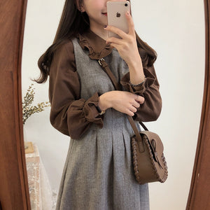 Harajuku Korean Style Ulzzang Peter Pan Collar Button Up Shirt (Brown/White)