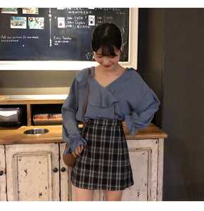 Korean Style Classic A-line Checkered Mini Skirt (Brown/Navy)