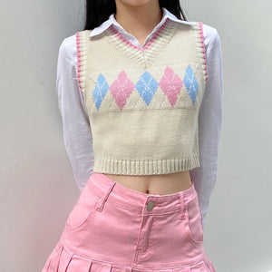 Harajuku Kawaii Fashion Pastel Diamond Knit Cropped Vest