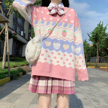 Harajuku Kawaii Fashion Pastel Strawberry Polka Dot Knit Sweater