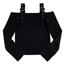 Harajuku Kawaii Fashion Heart Buckle Belt Off Shoulder Crop Top (Black/Pink)