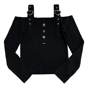 Harajuku Kawaii Fashion Heart Buckle Belt Off Shoulder Crop Top (Black/Pink)