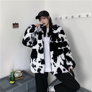 Kawaii Aesthetic Korean Street Fashion K-pop Cowgirl Y2K Cow Print Long Faux Fur Jacket