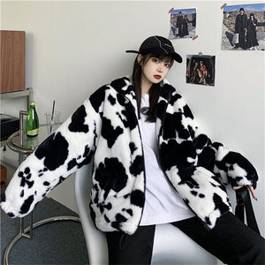 Kawaii Aesthetic Korean Street Fashion K-pop Cowgirl Y2K Cow Print Long Faux Fur Jacket