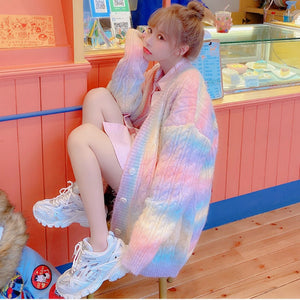 Harajuku Kawaii Fashion Pastel Rainbow Knit Long Cardigan