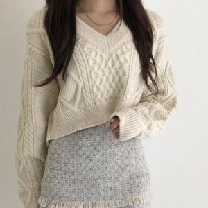 Korean Style Preppy Cropped Knit Sweater with Back Lace (3 Colors)