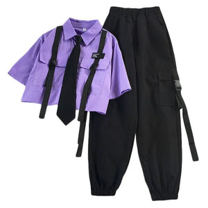 K-pop Korean Street Fashion Cargo Pants Cropped Shirt Two Piece Set