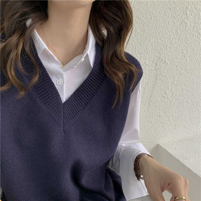 Korean Style Basic V-neck Neutral Color Knit Vest