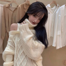 Korean Style Oversized Off Shoulder Beige Knit Sweater