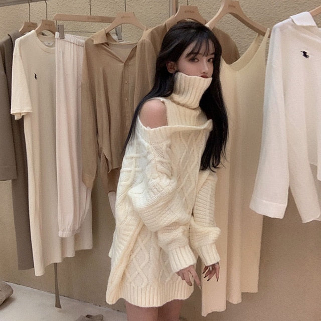 Korean Style Oversized Off Shoulder Beige Knit Sweater
