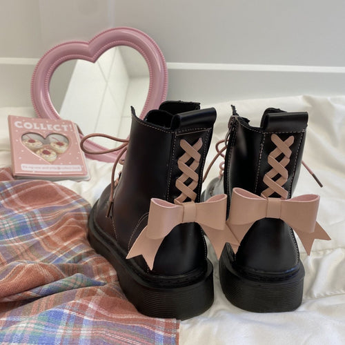 cute aesthetic shoes womens black combat boots with pink bow