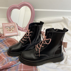 Kawaii Coquette Aesthetic Womens Black Combat Boots with Bow