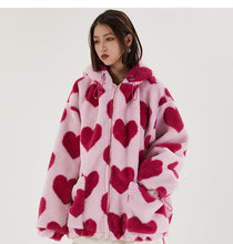 Harajuku Kawaii Aesthetic Korean Y2K Pink Heart Print Overzised Faux Fur Coat