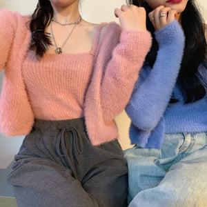 Harajuku Korean Style Fuzzy Pastel Tank Top and Cardigan Set