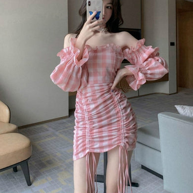 Ulzzang Korean Style Off Shoulder Gingham Mini Dress