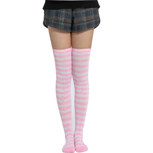 pink and white thigh high striped socks thin narrow stripes