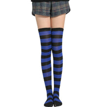 black and blue thigh high striped socks