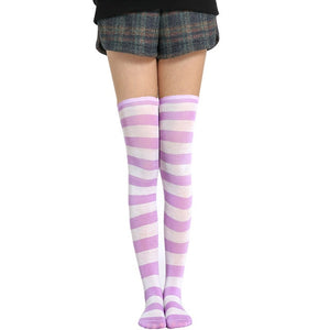pink and white thigh high striped socks