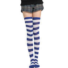 dark blue and white thigh high striped socks