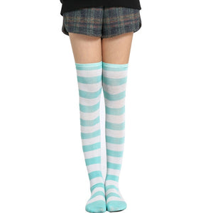 mint green and white thigh high striped socks
