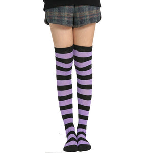 black and purple thigh high striped socks