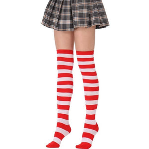 christmas cosplay red and white thigh high striped socks