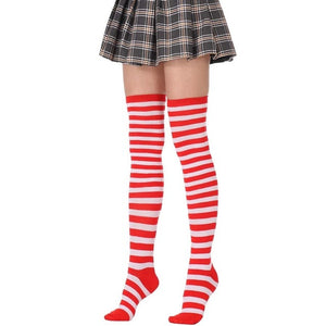 red and white thigh high striped socks thin narrow stripes