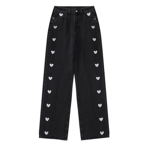 Harajuku Kawaii Fashion Lace Heart Cutout Loose Fit Jeans