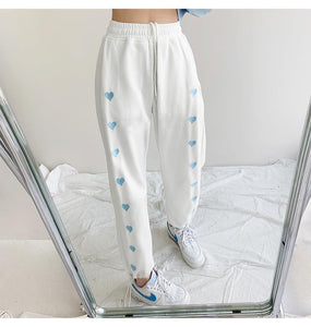Harajuku Korean Style Summer White Sweatpants Heart Embroidery