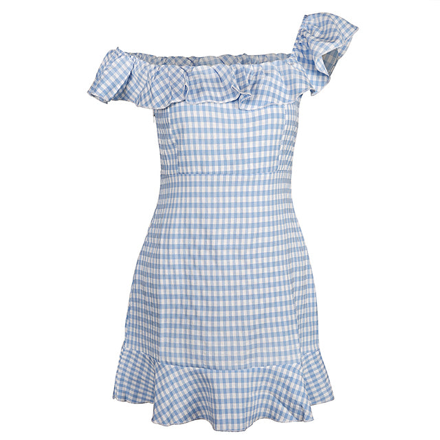 Harajuku Coquette Aesthetic Fashion Blue Gingham Off Shoulder Dress – The Kawaii Factory