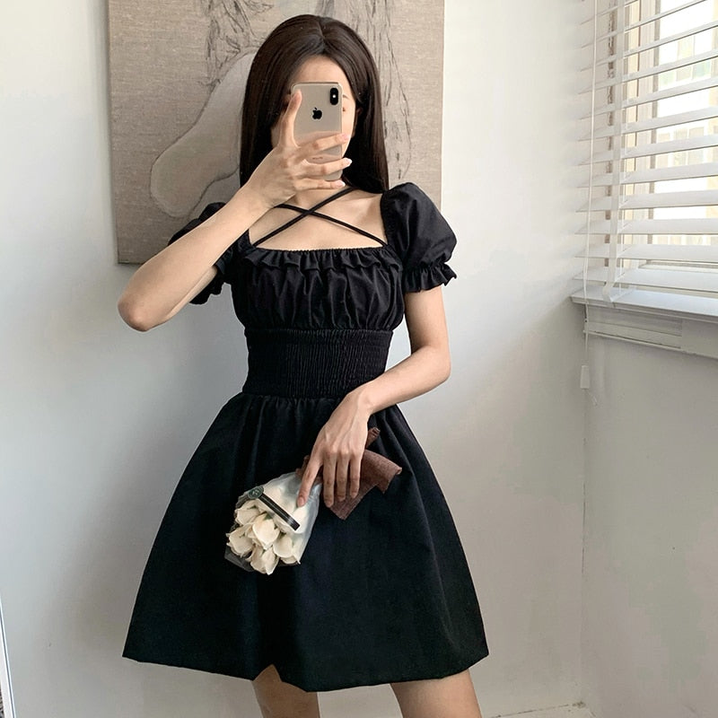 Harajuku Kawaii Fashion Korean Style Lantern Sleeve Black Dress – The Kawaii Factory