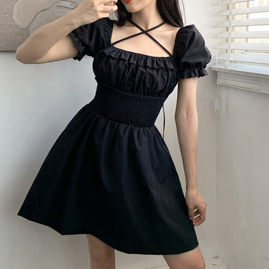 Harajuku Kawaii Fashion Korean Style Lantern Sleeve Black Dress