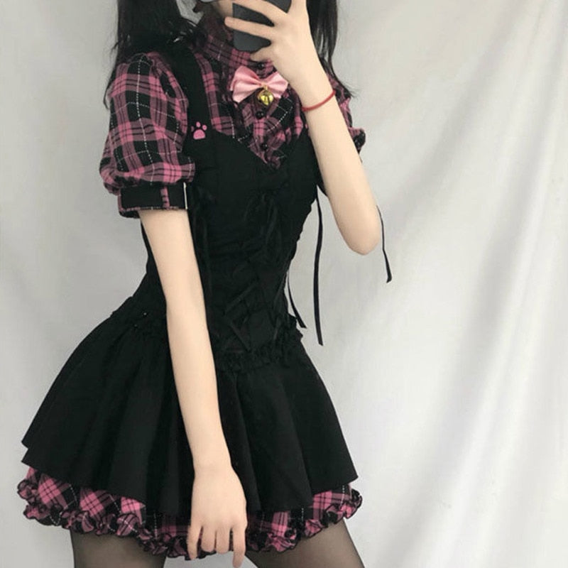 Harajuku Kawaii Fashion Gothic Pink Plaid Black Dress – The Kawaii Factory