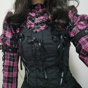 Harajuku Kawaii Fashion Gothic Pink Plaid Black Dress
