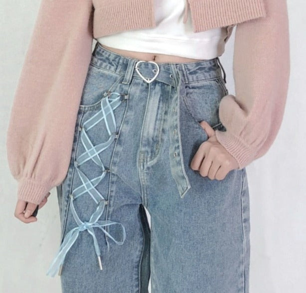 Harajuku Kawaii Fashion Corset Lacing Jeans with Heart Belt – The