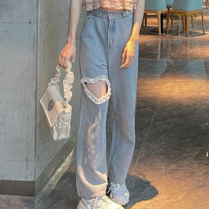 Kawaii Cutout Straight Denim Pants - Kawaii Fashion Shop | Cute Asian  Japanese Harajuku Cute Kawaii Fashion Clothing