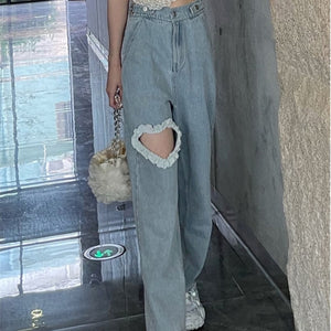 Harajuku Kawaii Fashion Lace Heart Cutout Loose Fit Jeans