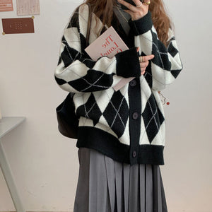 Harajuku Kawaii Fashion Argyle Oversized Cardigan
