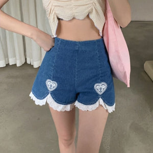 Harajuku Kawaii Fashion Fairycore Lace High Waisted Denim Shorts