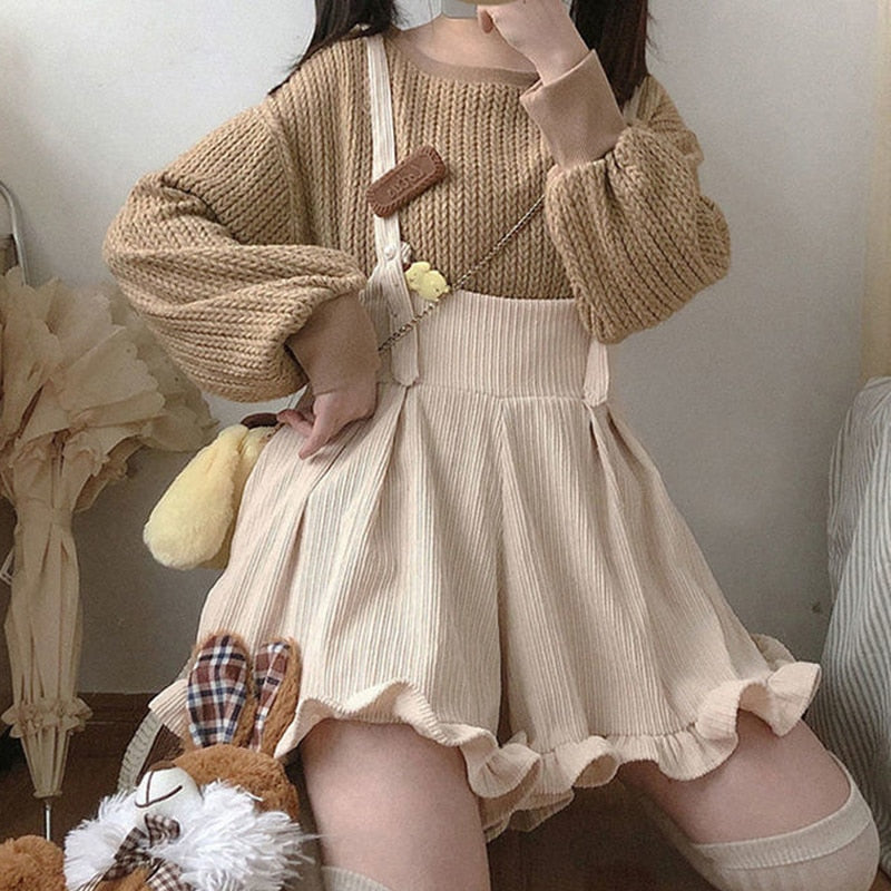 Harajuku Kawaii Fashion Ruffle Suspender Rib Knit Romper Skirt The Kawaii Factory Harajuku Kawaii Fashion Ruffle Suspender Rib Knit Romper Skirt The Kawaii Factory