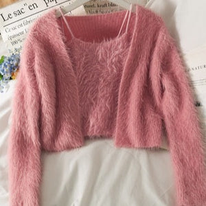 Harajuku Korean Style Fuzzy Pastel Tank Top and Cardigan Set