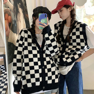 Harajuku Korean Style Oversized Checkered Cardigan Vest