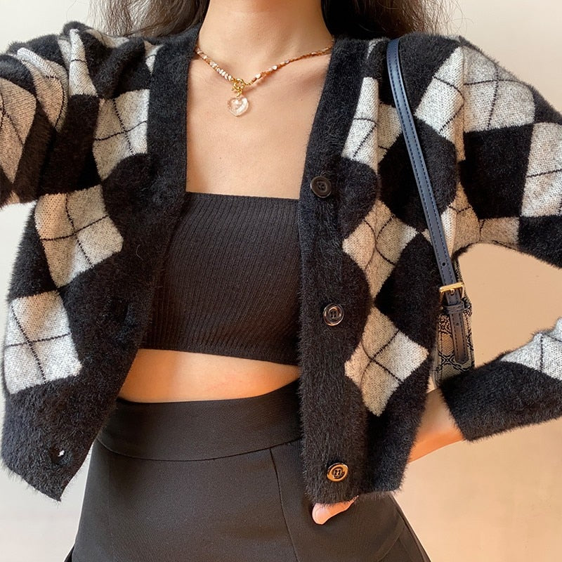 Harajuku Kawaii Fashion Y2K Argyle Cropped Cardigan – The