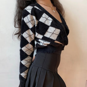 Harajuku Kawaii Fashion Y2K Argyle Cropped Cardigan