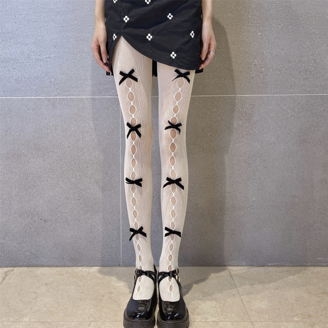 Harajuku Kawaii Fashion Bow Fishnet Tights Black Velvet Bow 1 / One Size