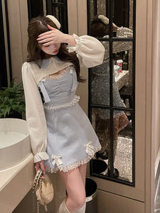 Harajuku Kawaii Fashion Fairycore Ribbed Knit Ruched Dress and Cardigan Set