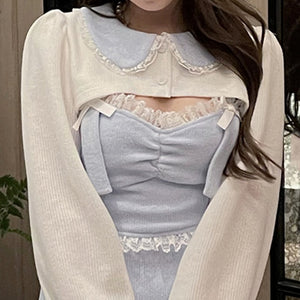 Harajuku Kawaii Fashion Fairycore Ribbed Knit Ruched Dress and Cardigan Set