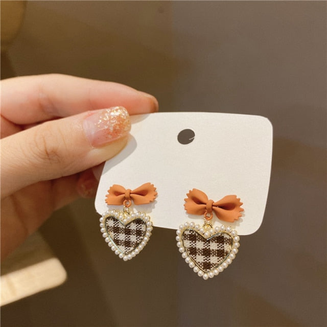 Harajuku Kawaii Fashion Korean Style Gingham Heart Earrings
